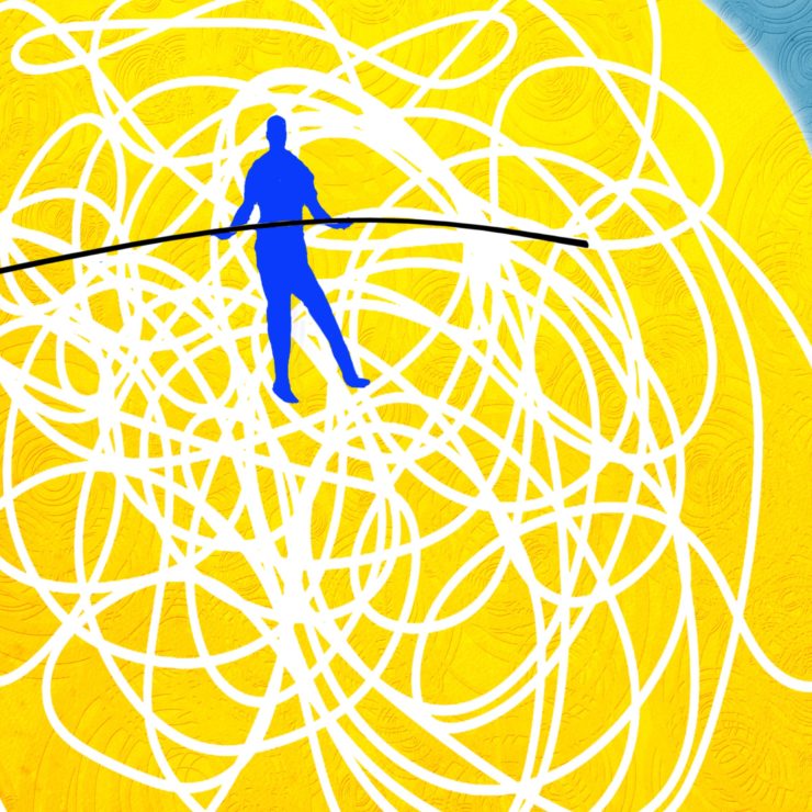 Silhouette of a head colored yellow with a person holding a tight rope in the brain region to demonstrate what we do and don't know about what meditation can do for you.