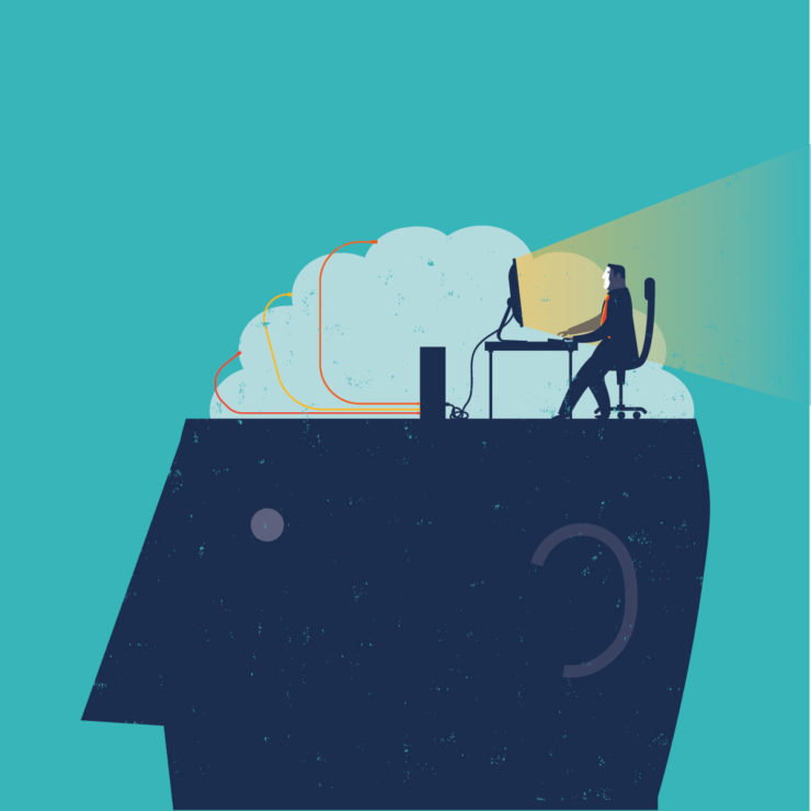 Illustration of person with a person sitting at a computer on top of the head to demonstrate practicing mindfulness at work